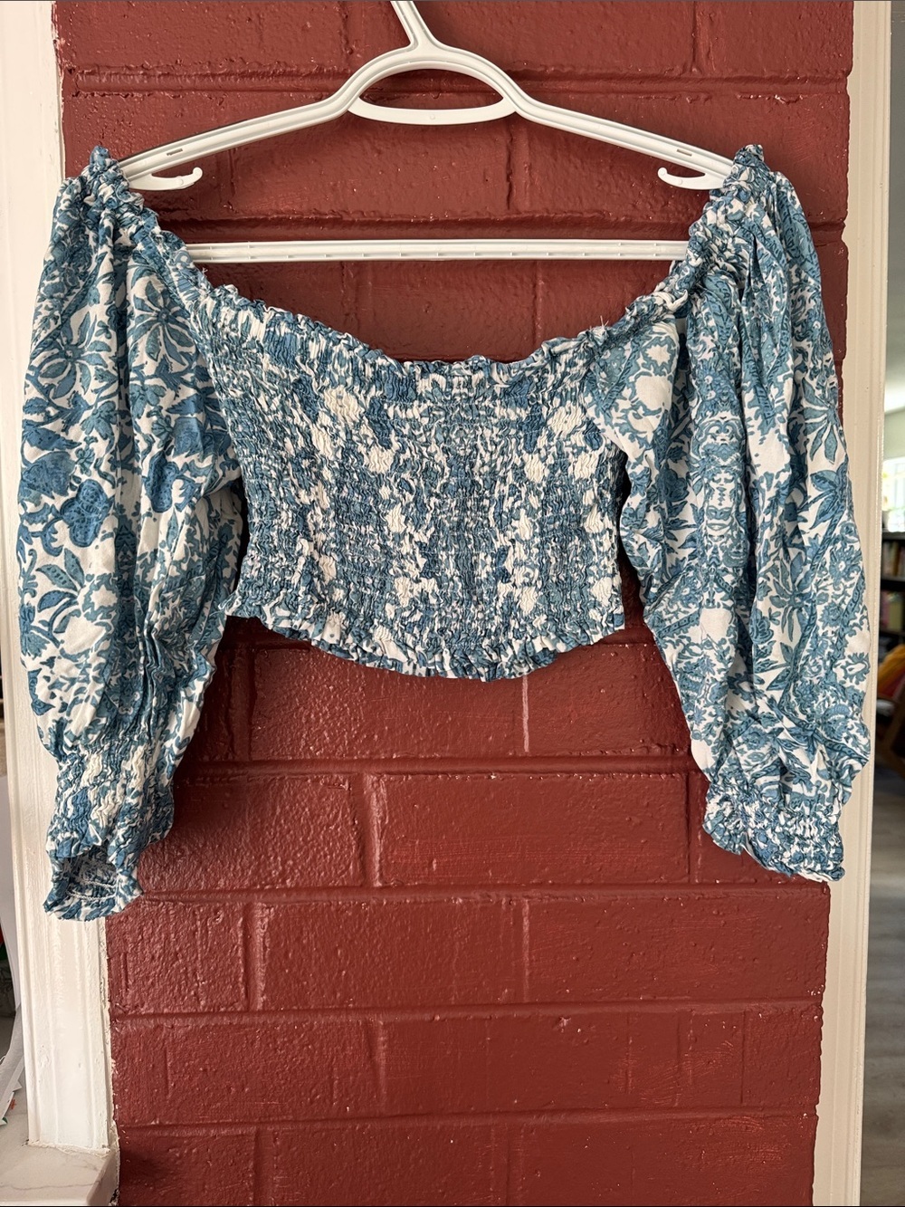 Olivaceous Blue Floral Smocked Off-Shoulder Crop Top - Picture 4 of 6